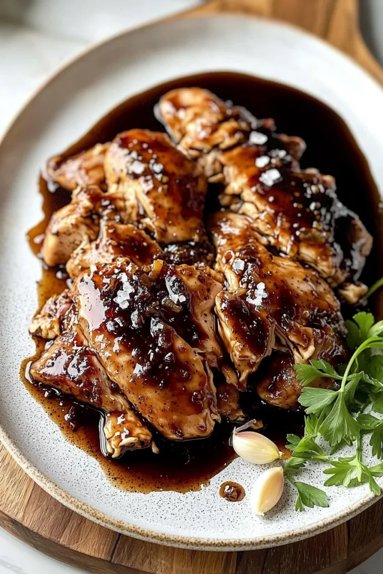 Slow cooker brown sugar balsamic chicken garnished with herbs