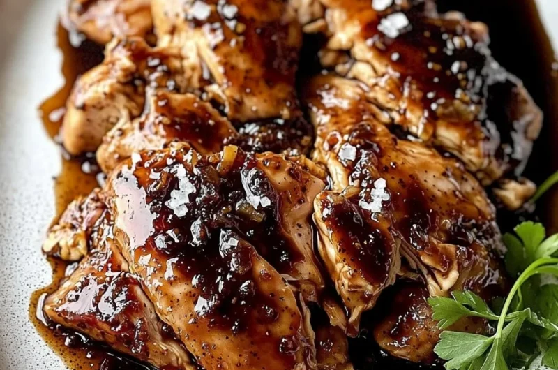 Slow cooker brown sugar balsamic chicken garnished with herbs