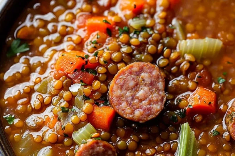 Bowl of easy slow cooker sausage lentil soup topped with herbs and spices