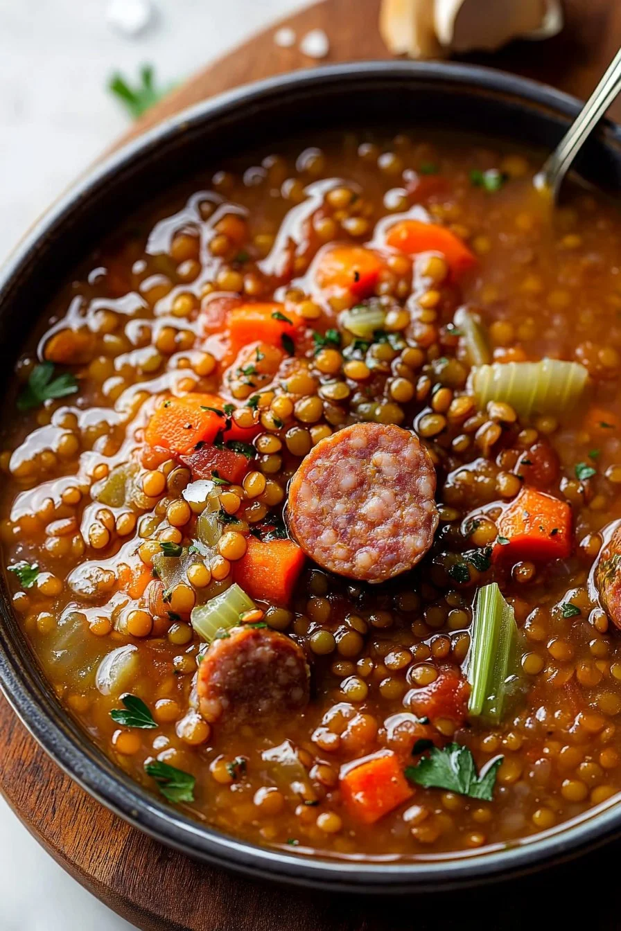 Bowl of easy slow cooker sausage lentil soup topped with herbs and spices