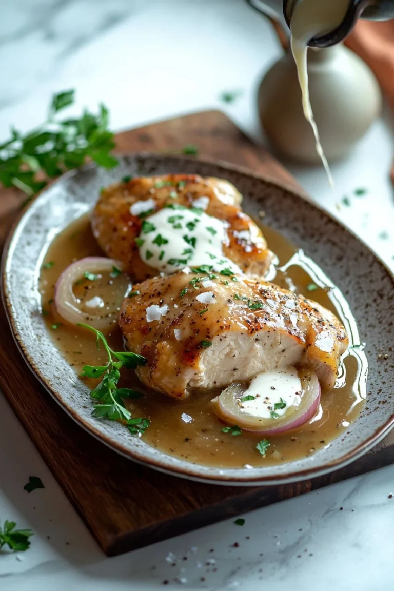 Easy smothered chicken served with creamy gravy and herbs