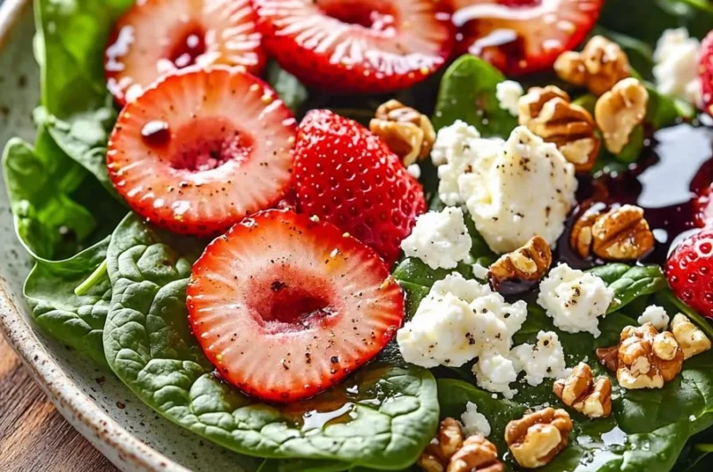 Fresh and vibrant strawberry spinach salad with nuts and dressing