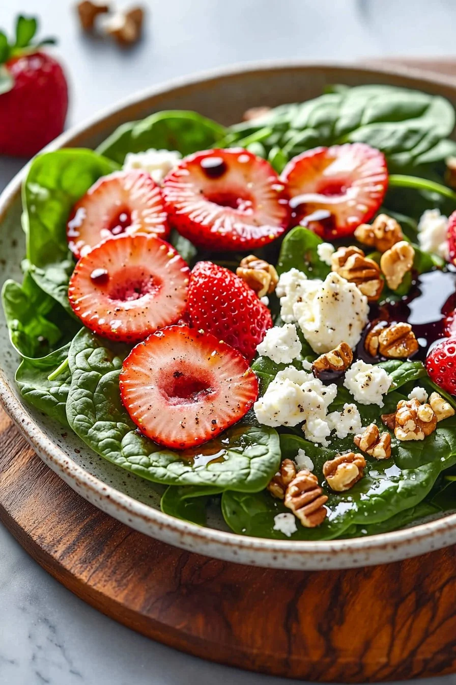 Fresh and vibrant strawberry spinach salad with nuts and dressing