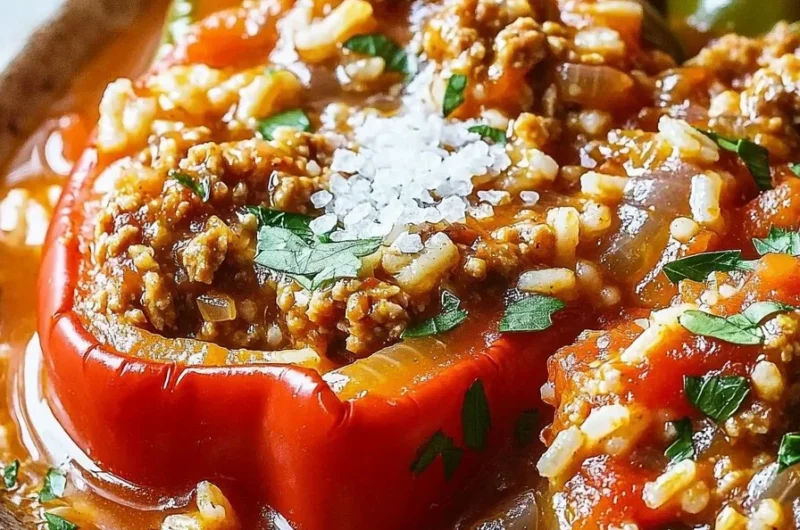 Easy stuffed bell pepper soup with ground turkey served in a bowl.