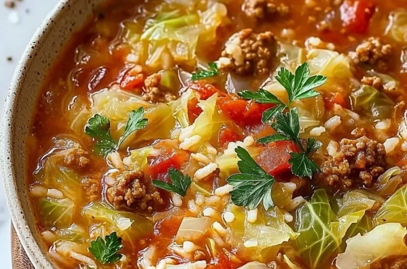 Bowl of easy stuffed cabbage soup with fresh herbs and ingredients
