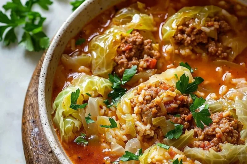 Bowl of easy stuffed cabbage soup topped with herbs