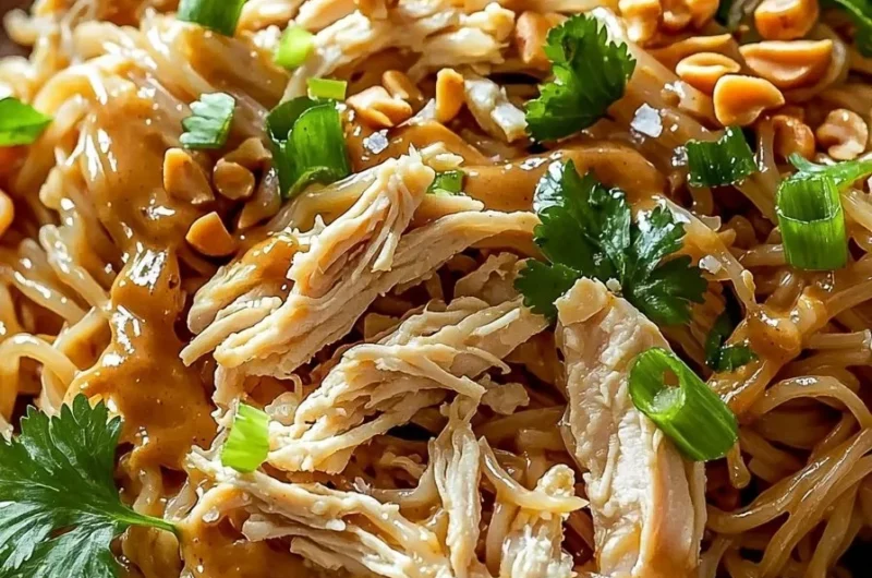 Bowl of easy Thai peanut noodles with rotisserie chicken and fresh vegetables