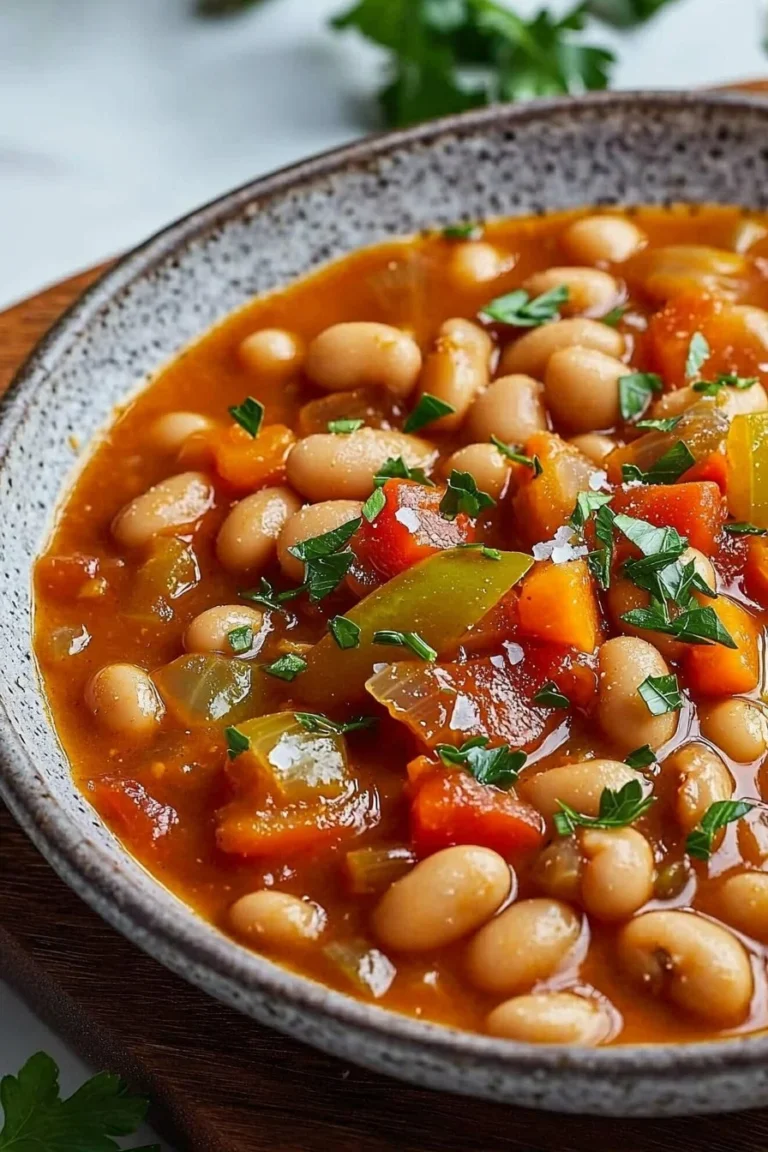 A bowl of easy vegan butter bean stew with fresh vegetables and herbs.