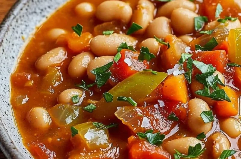 A bowl of easy vegan butter bean stew with fresh vegetables and herbs.
