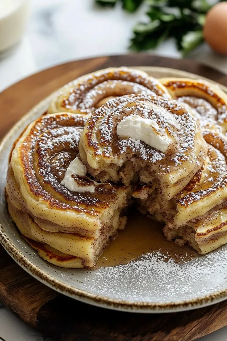 Fluffy cinnamon roll pancakes stacked and drizzled with icing.