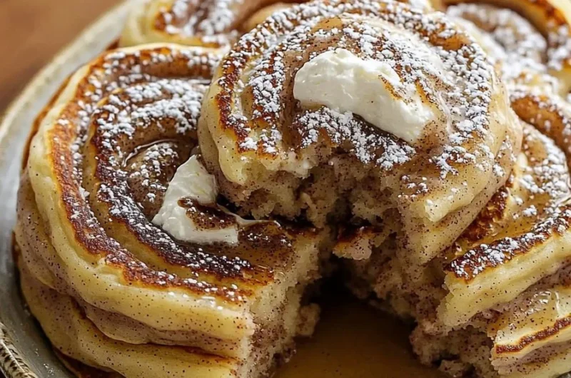 Fluffy cinnamon roll pancakes stacked and drizzled with icing.
