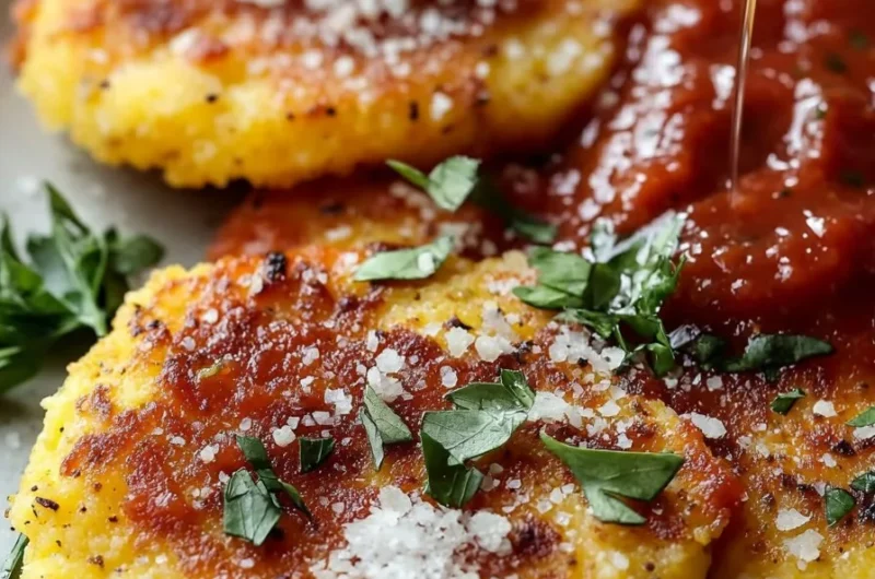 Crispy fried polenta served with marinara sauce on a plate