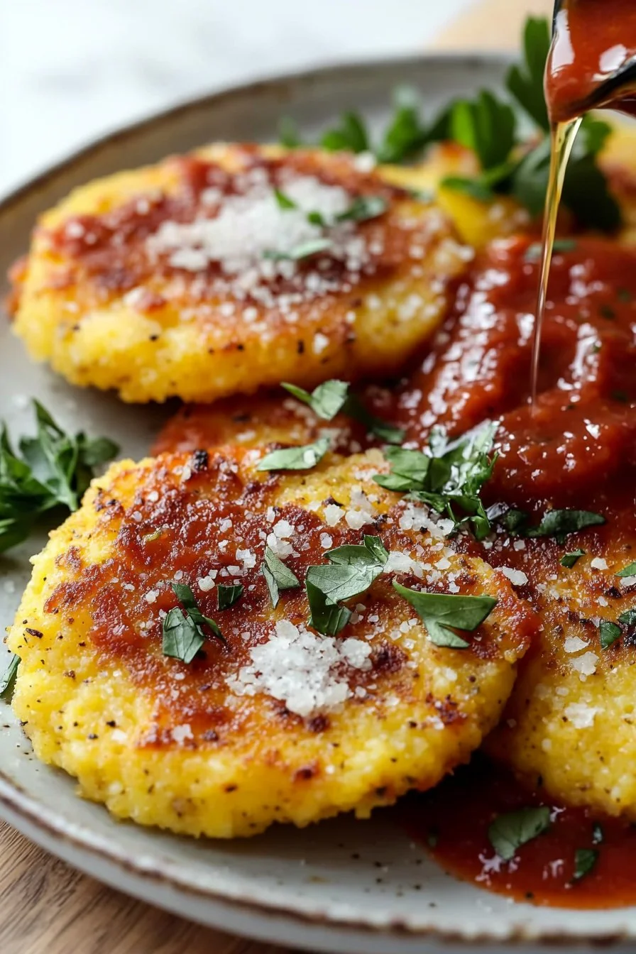 Crispy fried polenta served with marinara sauce on a plate