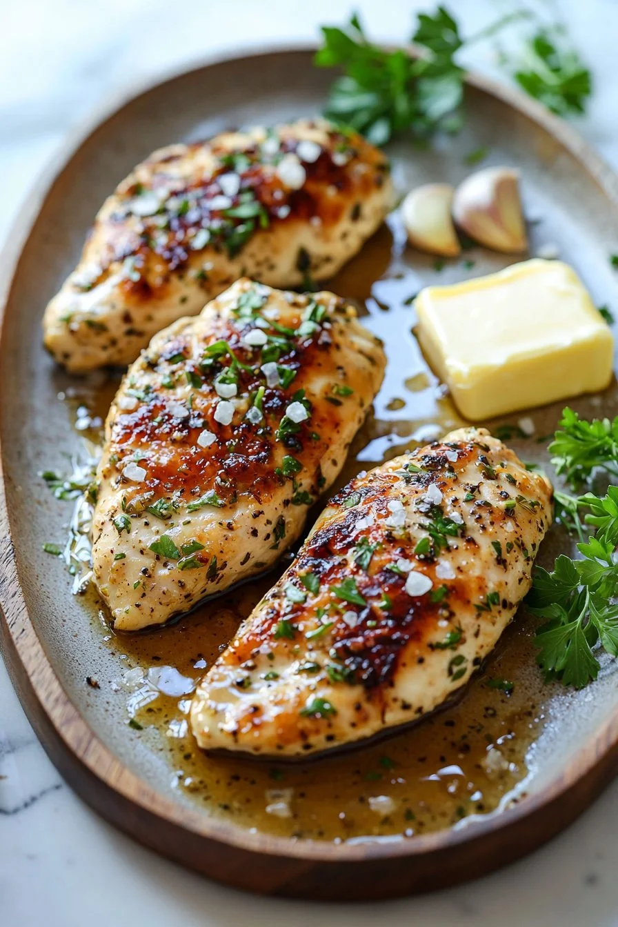 Delicious Garlic Butter Chicken served with herbs and vegetables