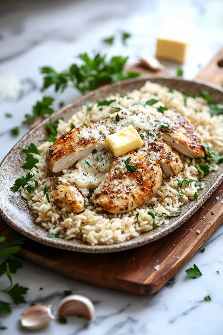 Plate of garlic butter chicken served with parmesan rice