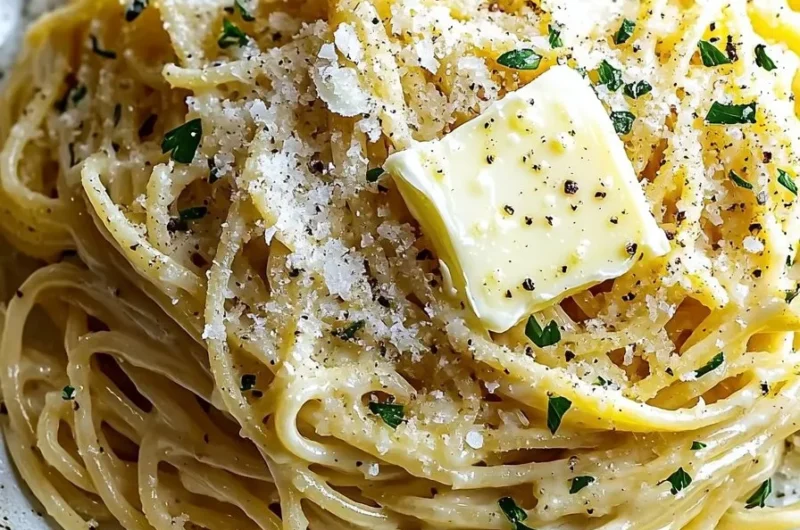 Delicious garlic butter noodles topped with Parmesan cheese