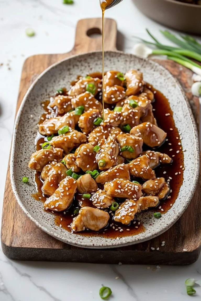 Delicious Garlic Sesame Chicken served on a plate garnished with sesame seeds.