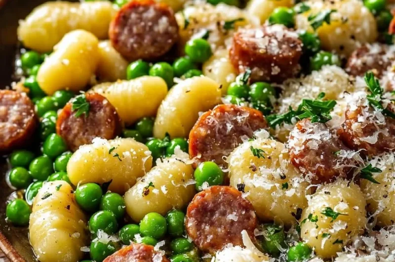 Delicious gnocchi dish featuring peas and sausage served in a bowl