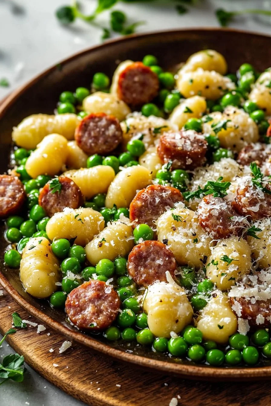 Delicious gnocchi dish featuring peas and sausage served in a bowl