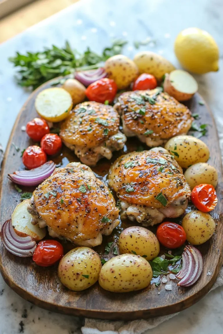 Greek Sheet Pan Chicken with vegetables and herbs ready to serve