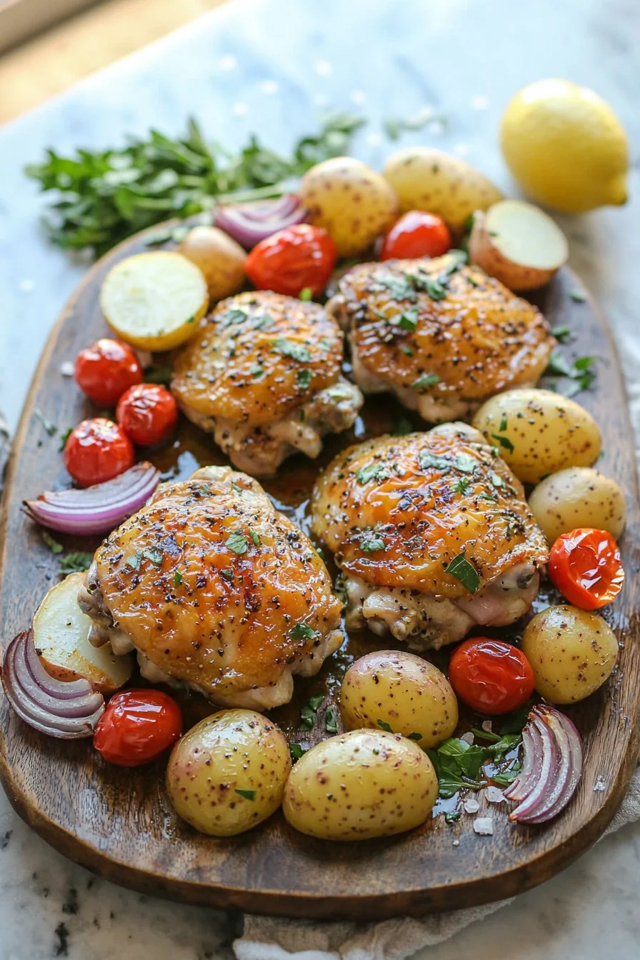 Greek Sheet Pan Chicken with vegetables and herbs ready to serve