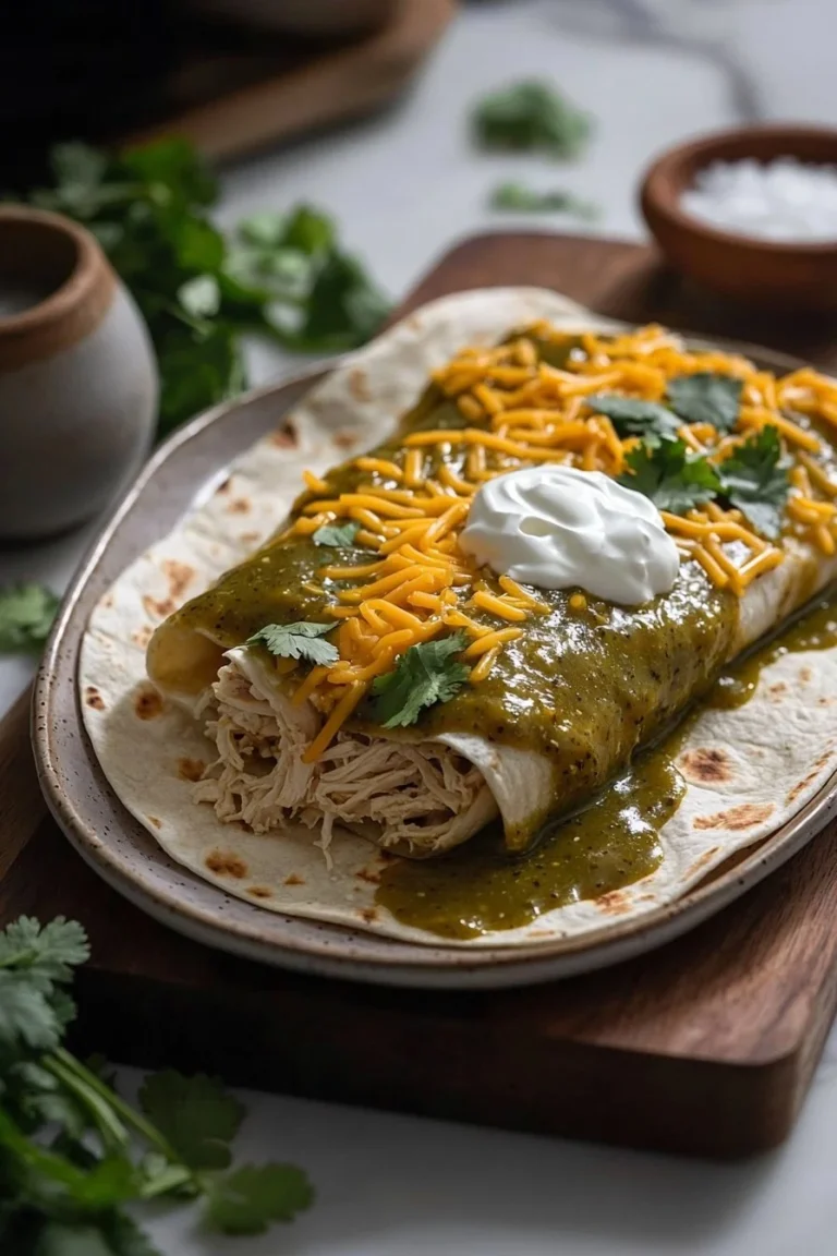 Delicious Green Chile Chicken Smothered Burritos served on a plate