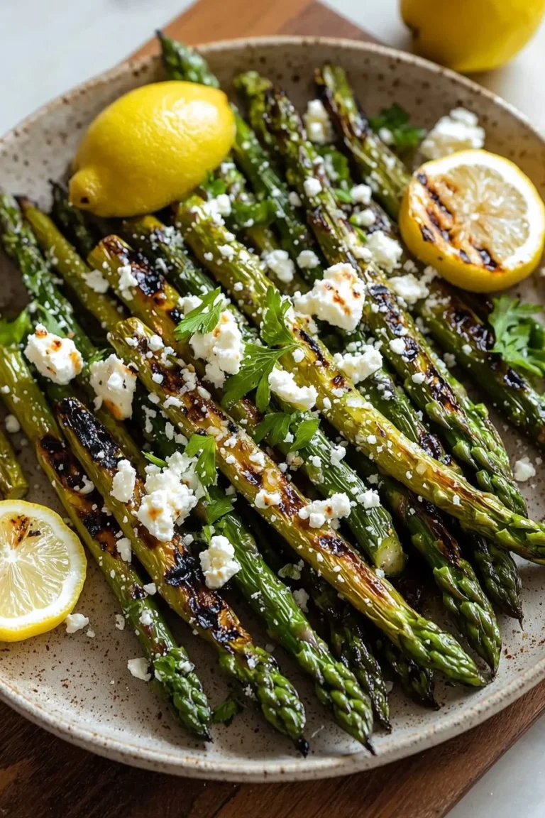Plate of grilled asparagus topped with lemon and feta cheese