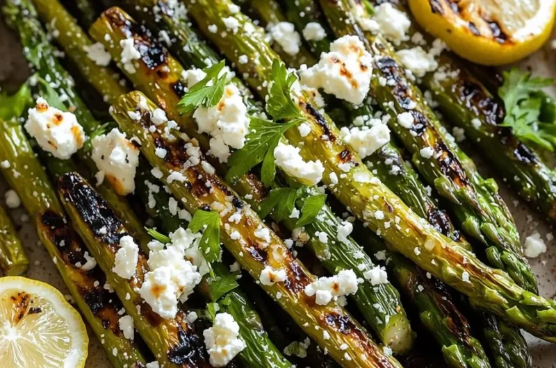 Plate of grilled asparagus topped with lemon and feta cheese