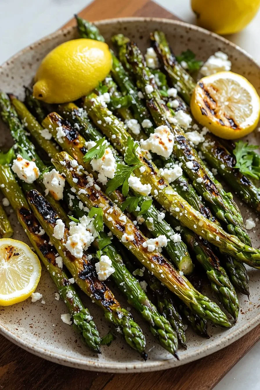 Plate of grilled asparagus topped with lemon and feta cheese