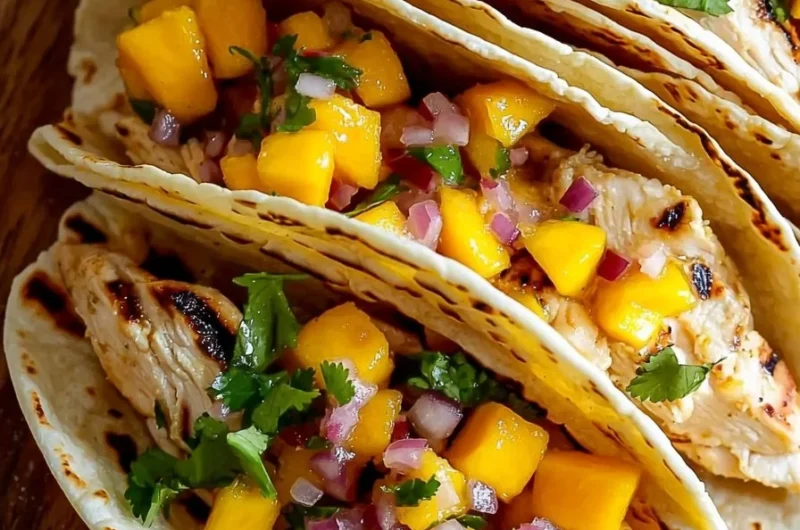 Delicious grilled chicken tacos served with fresh mango salsa