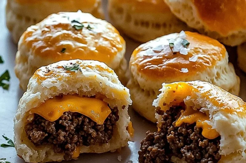 Delicious ground beef cheeseburger bites served on a platter.