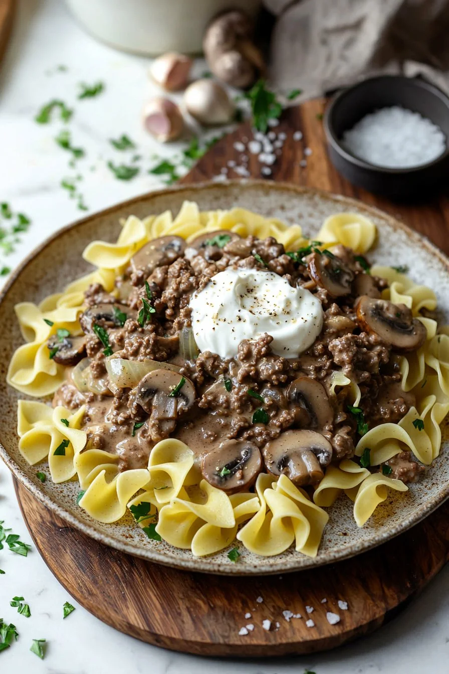 Delicious bowl of Ground Beef Stroganoff with mushrooms and creamy sauce