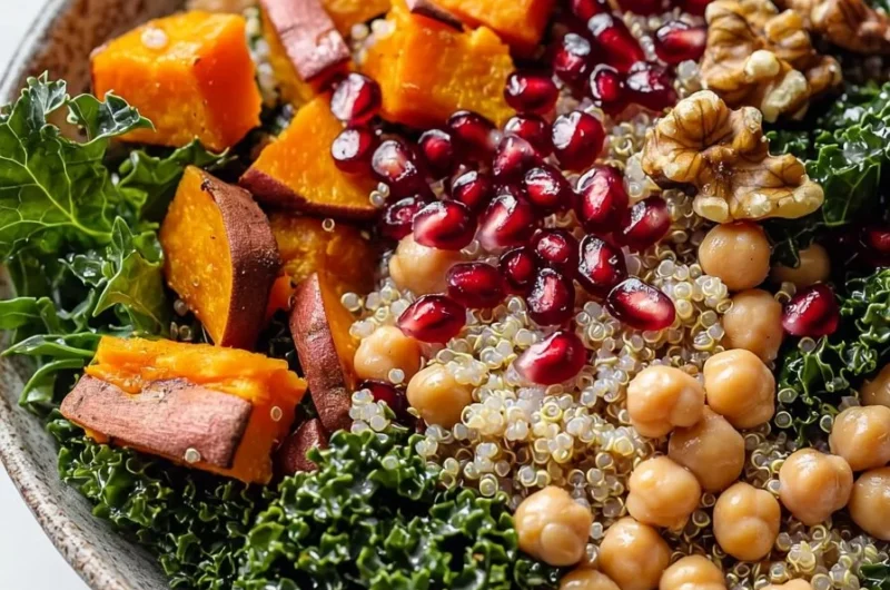 Colorful Harvest Quinoa Bowl with fresh vegetables and herbs.
