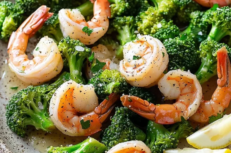 Healthy one-pan garlic butter shrimp with broccoli dish.