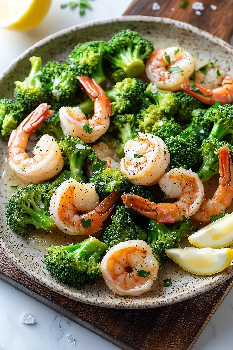 Healthy one-pan garlic butter shrimp with broccoli dish.
