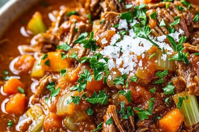 Healthy slow cooker beef ragu simmering in a pot, garnished with herbs.