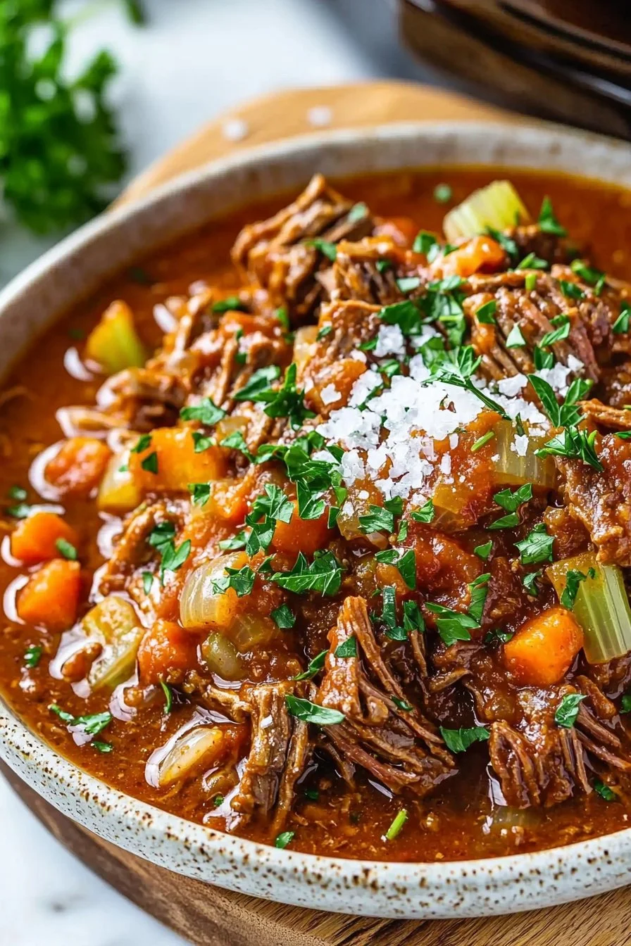 Healthy slow cooker beef ragu simmering in a pot, garnished with herbs.