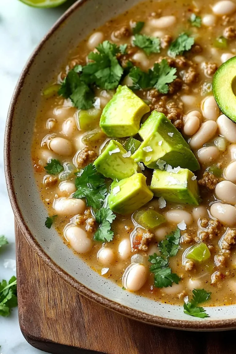 Healthy white turkey chili with avocado and white beans in a bowl