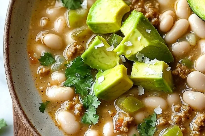 Healthy white turkey chili with avocado and white beans in a bowl
