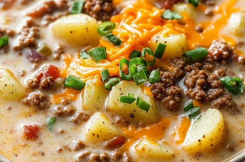 Homemade cheeseburger soup with potatoes in a bowl garnished with herbs