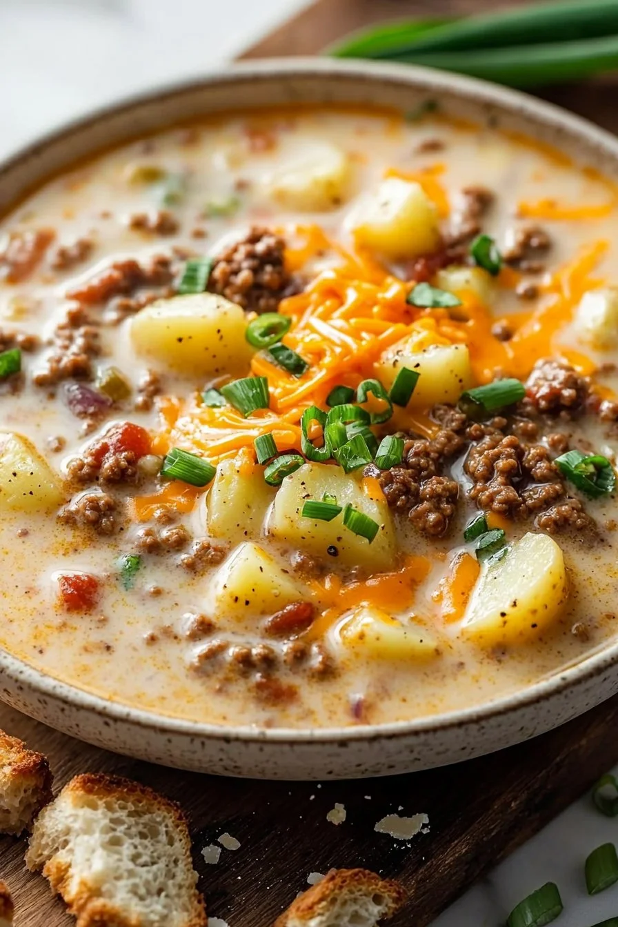 Homemade cheeseburger soup with potatoes in a bowl garnished with herbs