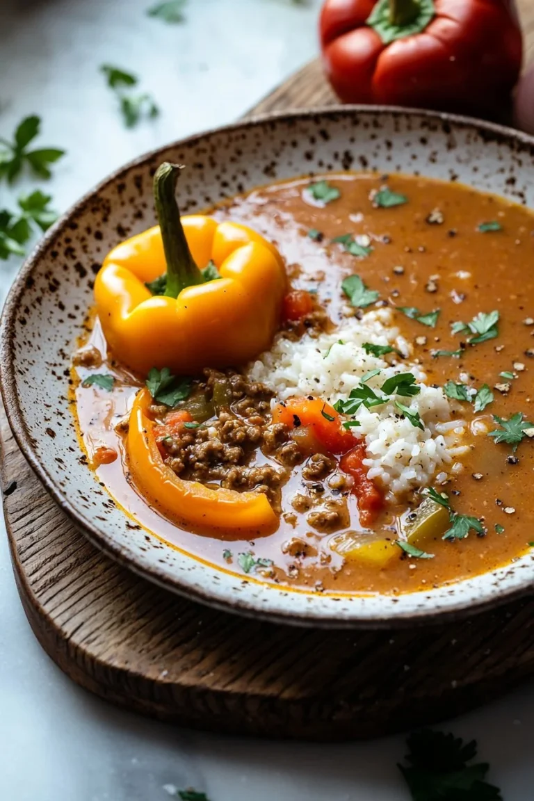 Bowl of homemade stuffed peppers soup with fresh ingredients