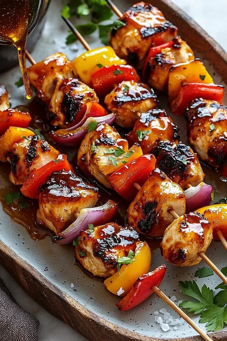 Delicious honey BBQ chicken kabobs on a grill with colorful bell peppers and onions