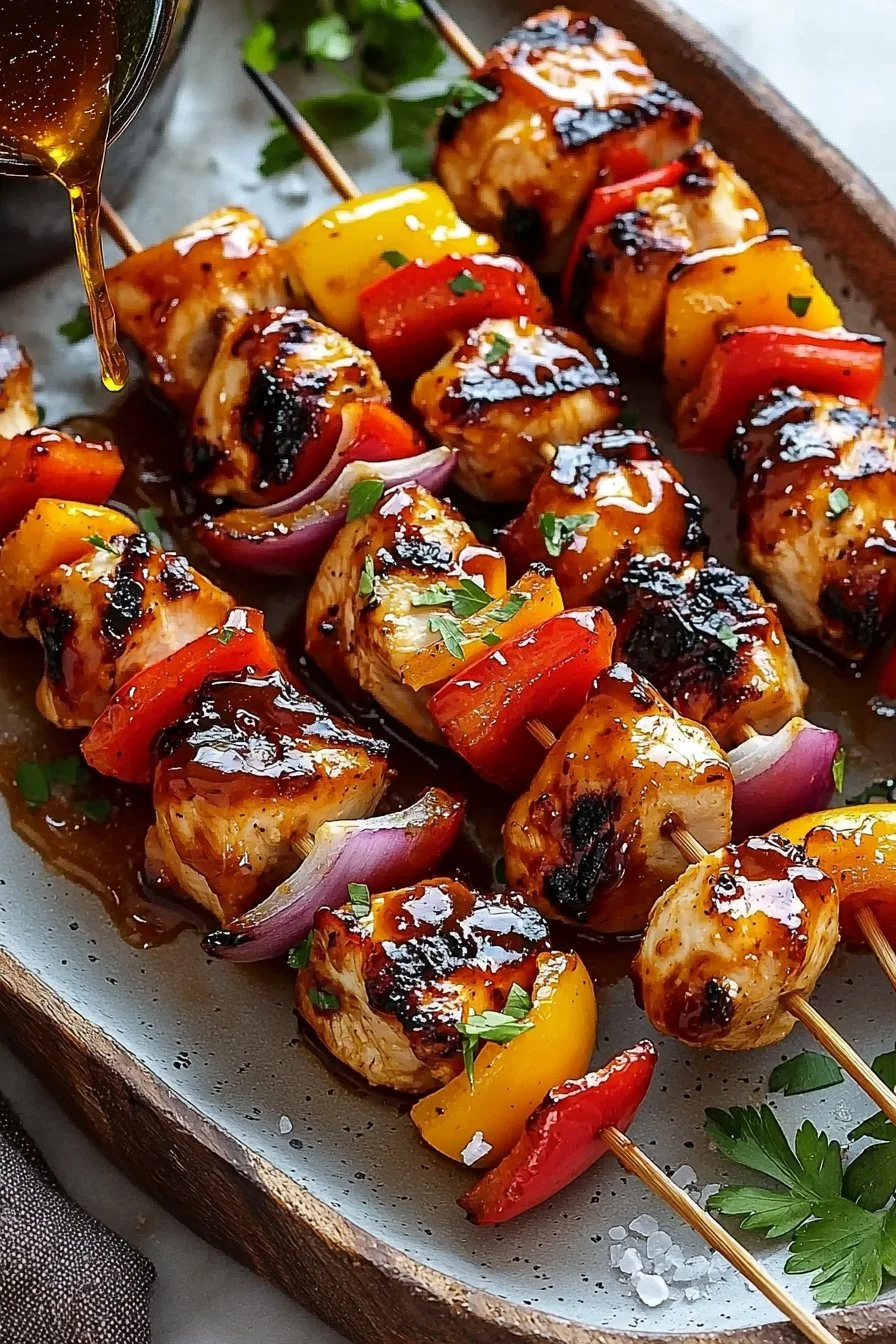 Delicious honey BBQ chicken kabobs on a grill with colorful bell peppers and onions