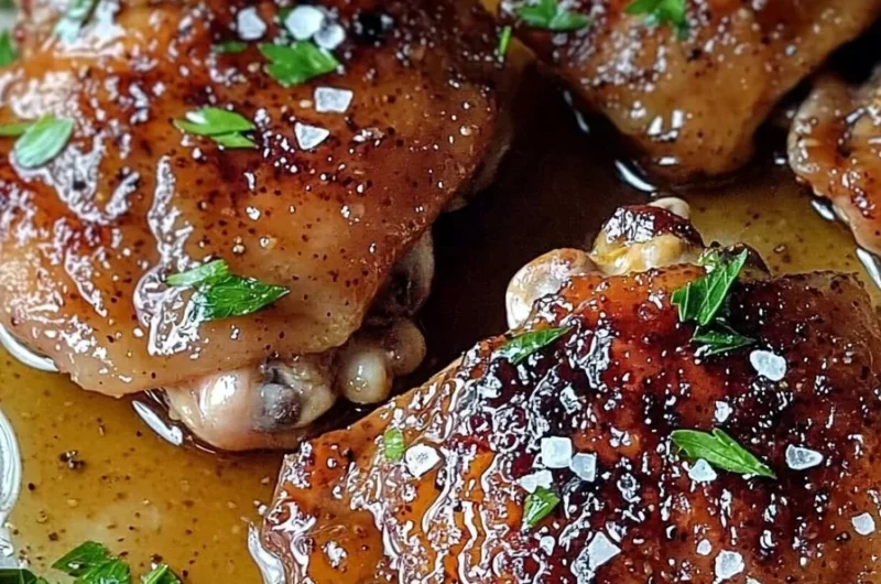Honey mustard chicken thighs garnished with herbs on a plate