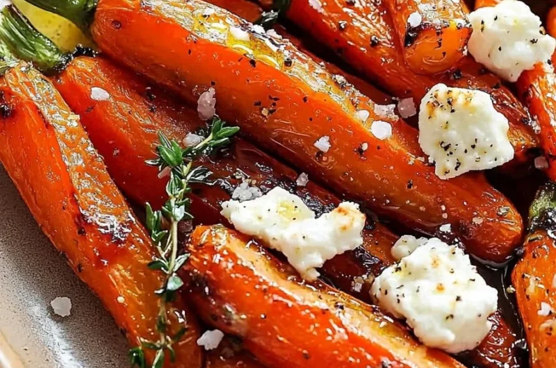 Plate of honey roasted carrots with thyme and goat cheese garnish