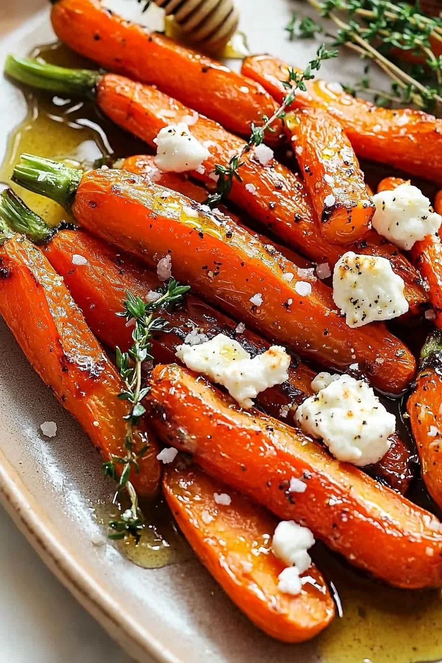 Plate of honey roasted carrots with thyme and goat cheese garnish