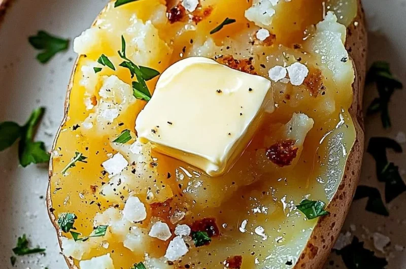 Microwave-cooked potato with seasoning and herbs