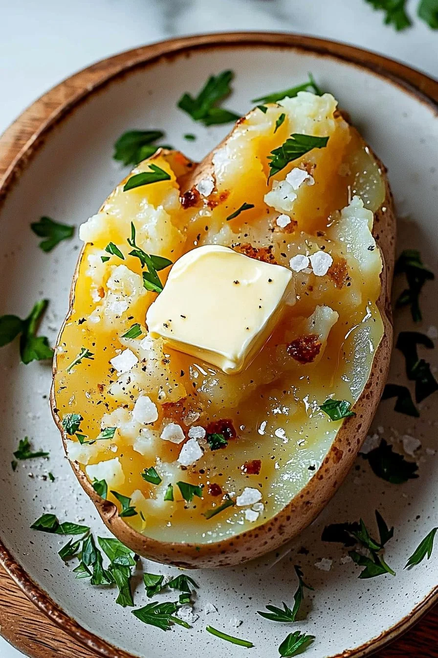 Microwave-cooked potato with seasoning and herbs