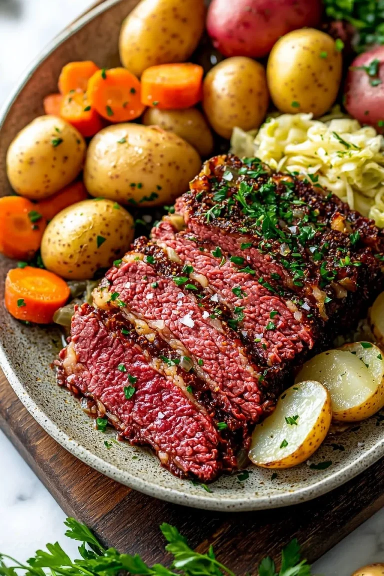 Irish corned beef and cabbage dish on a sheet pan, ready to serve.